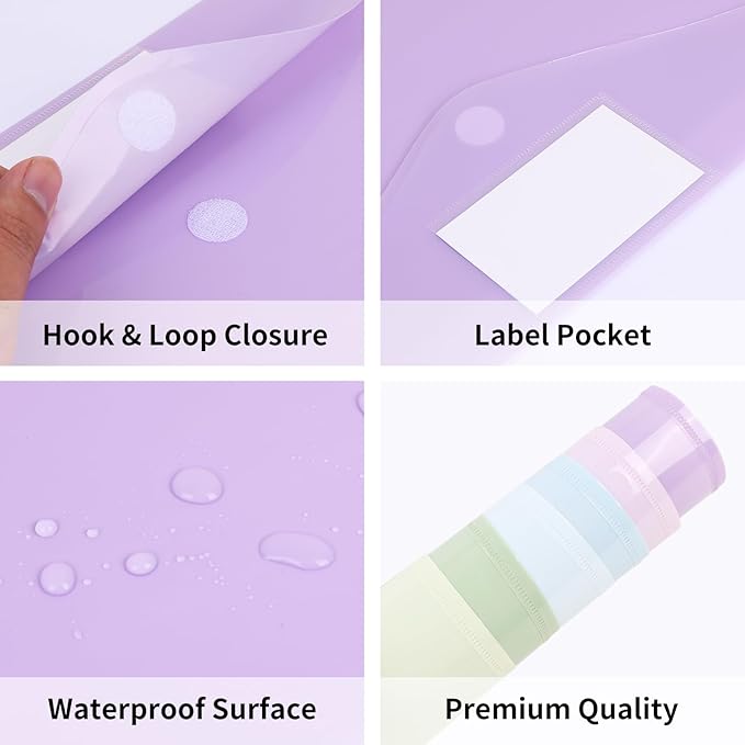 EOOUT 12pcs Plastic Envelopes, Plastic Folders for Documents, Hook & Loop Closure File Folders with Label Pocket A4 Size for School and Office Supplies