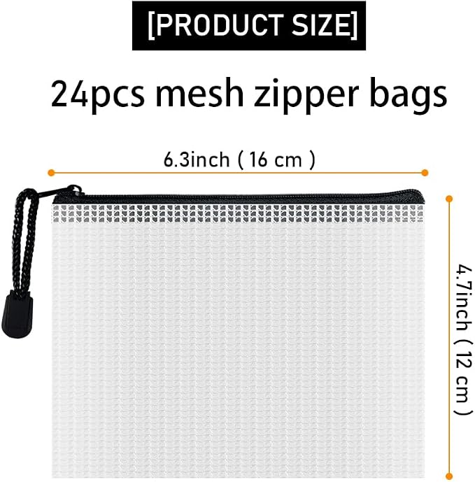 D-KINGCHY 24Pcs Zipper Storage Bags, Plastic Mesh Zippered Pouch for Organization, Waterproof Versatile Bags for Office Supplies School Travel (A6 Size 6.3''x4.7'', Black Zipper)