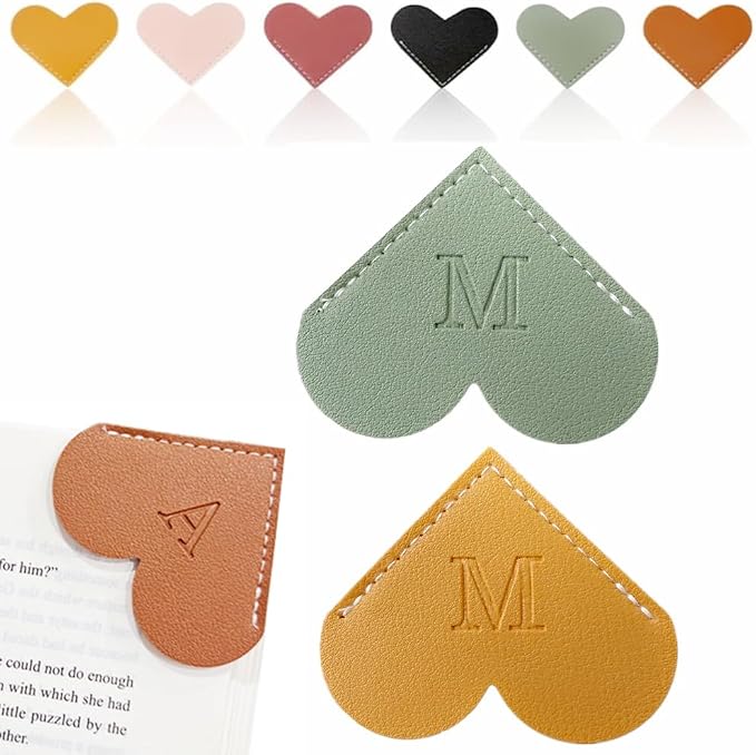 Personalized Leather Heart Bookmark, 26 Letters Customized Corner Book Mark for Reading Women, Book Marker with Initials，Cute Gifts (Green+Light Brown, M)