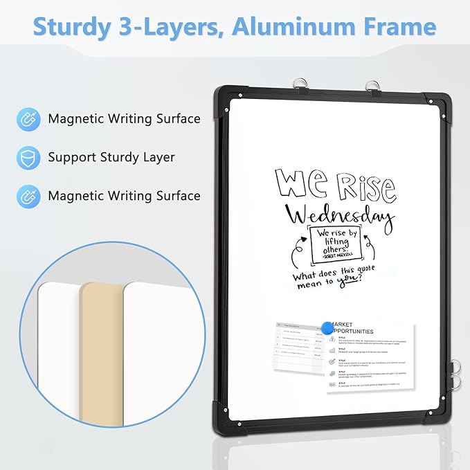 Double-Sided White Board, 16" x 12" Black Dry Erase Board Small Whiteboard for Wall Magnetic Hanging White Board Dry Erase for College Dorm Room, School, Home, Office