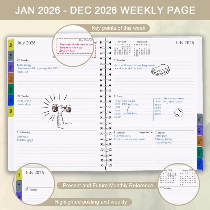 2026 Planner - Planner 2026 for Women & Men, January 2026 - December 2026, Monthly and Weekly Calender with 12 Monthly Tabs, 6.4" x 8.5", Beige