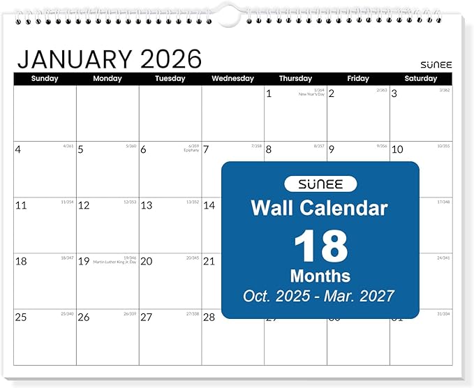 SUNEE Calendar 2026 18 Months Wall Calendar Oct. 2025 - Mar. 2027, 14.5"x11.5" Big Grid Hanging with Thick Paper for Organizing & Planning, Black