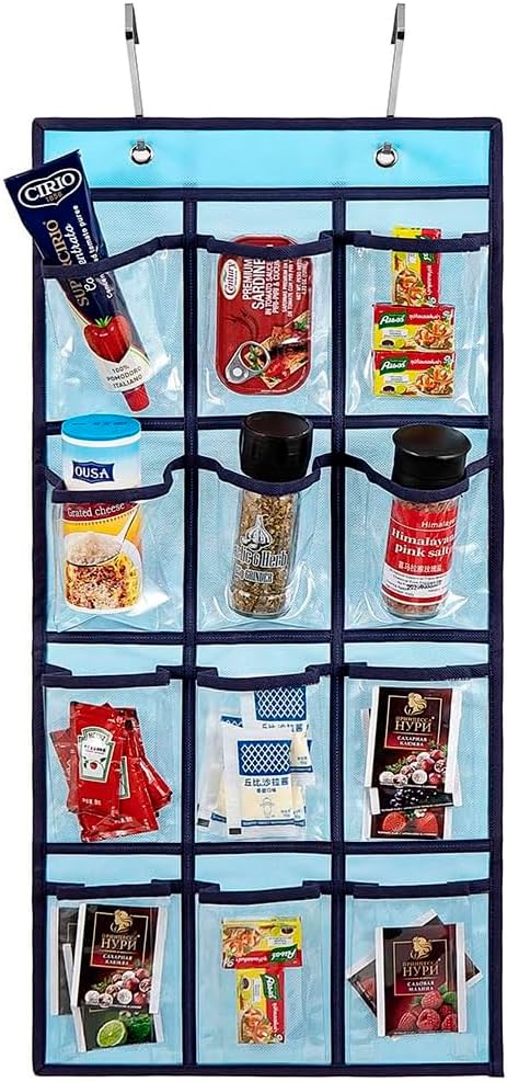 2 Pcs Classroom Pocket Chart Cell Phone Organizer Calculator Holder Over The Door Hanging Storage for Sock Underwear Jewelry with 12 Clear Pockets (Blue)