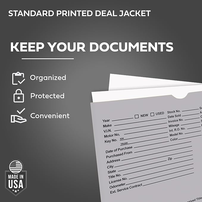 Printed Vehicle Deal Envelopes 9x12 Deal Jackets (100 shrink wrapped) (Gray)