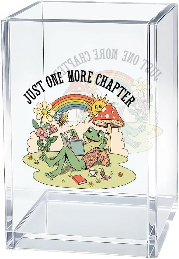 Just One More Chapter Acrylic Pen Holder Cosmetic Organizer, Funny Frog Book Pen Holders for Desk, Reading Nook Accessories for Bookworm, Bookmark Holder for Bookshelf, Librarian Teacher Gifts