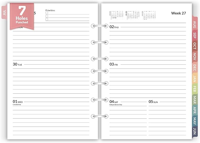2026 Weekly & Monthly Planner Refills for A5 7-Ring Binders, July 2026 - Jun 2027, Forvencer 7-Hole Punched Planner Inserts with Colorful Monthly Tabs, Small Calendar Organizers, 5-1/2" x 8-1/2"
