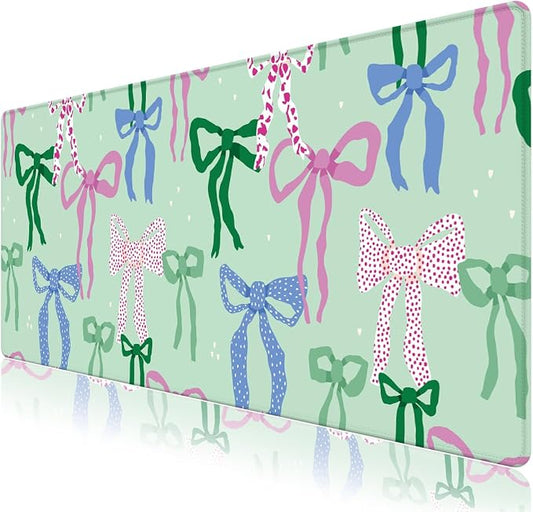 Cute Desk Pad Mouse Pad, Large Gaming Mouse Mat with Stitched Edges, Non-Slip Waterproof Rubber Base Mous Mat for Office Computer Keyboard Laptop Home Decor Women Girl (35.4X17.5 in), Green Pink Bows