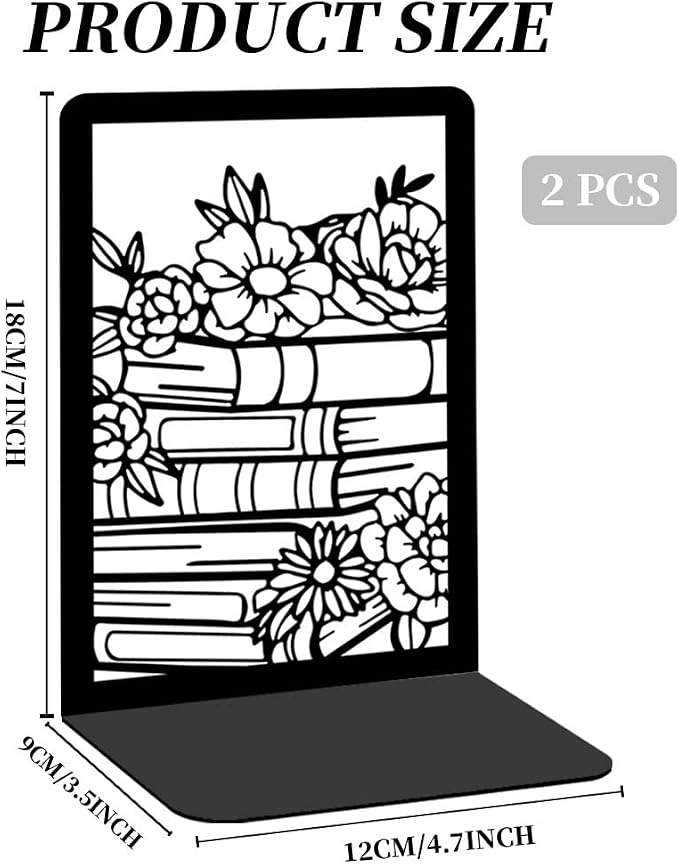 Flowers and Books Thickening Iron Metal Bookends for Shelves, Literary Flavor Book Ends Decorative Books for Home and Office Book Display, Desk Organizer Bookend for Library Decor