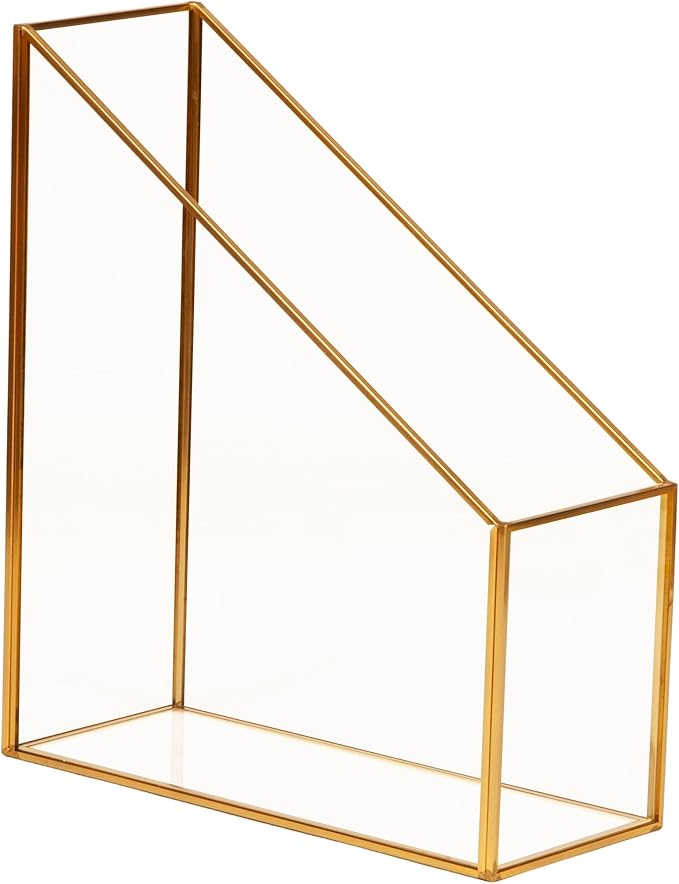 Mind Reader Vertical Glass File Holder with Copper Trim, Angled Magazine Organizer for Documents, Folders & Mail, Glass and Copper, Clear
