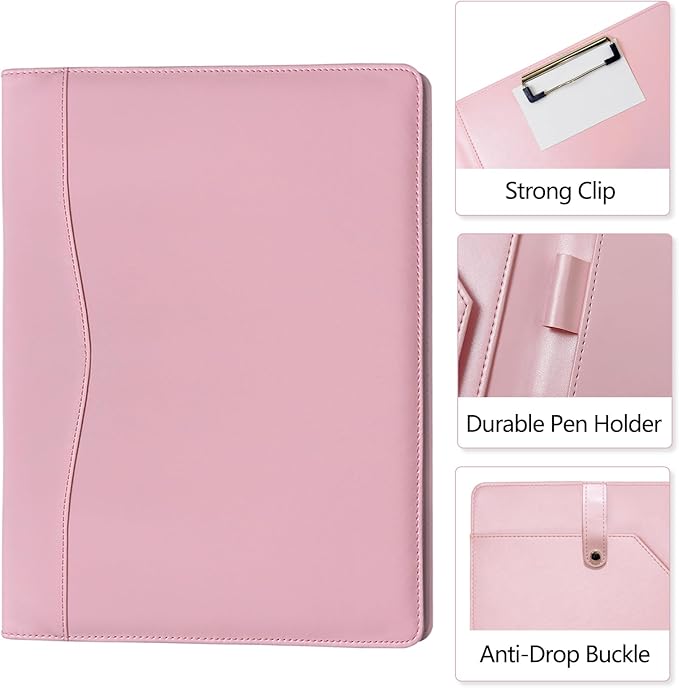 Padfolio Portfolio Binder, Leather Clipboard Folder Briefcase Loose-Leaf Binder with Cover Brown Folder with Pockets Resume Folder for Business Office Meeting Men Women's Business (A4, Pink)
