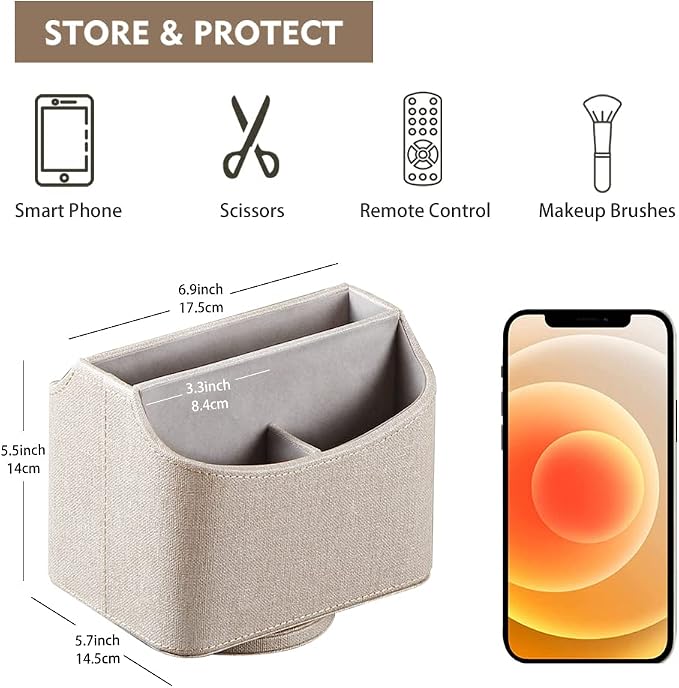 360° Rotating Remote Control Holder, PU Leather TV Remote Caddy Organizer Basket Storage Box with 5 Compartments for Pen, Pencil, Art Supplies, Makeup Brush, Office Desk Table Accessories