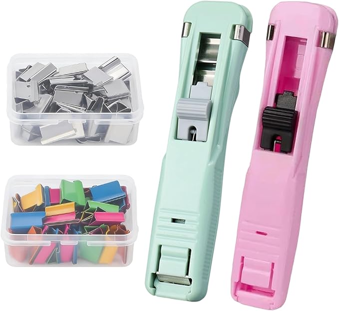Portable Binder Clip Stapler - Includes 100 Reusable Clips, Compact No-Hole Binding Refillable Handheld Design, Portable Binder Clip Stapler for Office School Home Document Organization (2Pcs-f)