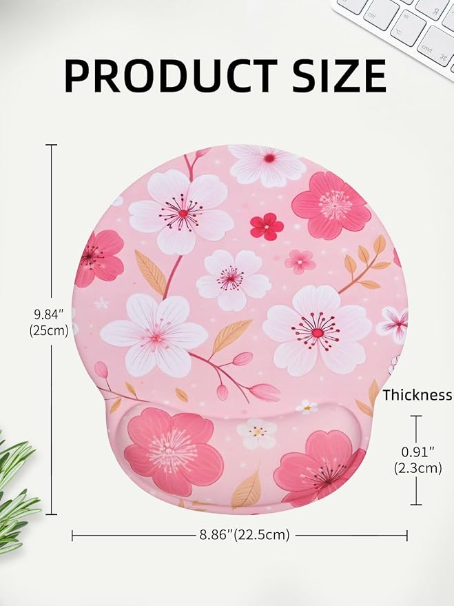 Lily Floral Mouse Pad Wrist Support Wrist Rest, Flower Ergonomic Mouse Pad with Non-Slip Base for Office Gaming Working Computers,Desk Accessories Pain Relief Mouse Mat, Pink Cherry Blossom