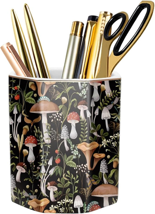Cute Ceramic Pen Holder for Desk, Pencil Pen Cup, Makeup Brush Holder, Desktop Supplies and Accessories for Women, Pen Pencil Stationery for Office Home Art Supply, Mushrooms Pattern
