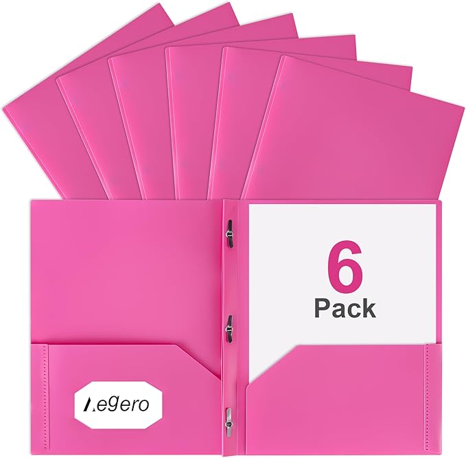 Aegero Folders with Pockets and Prong with Fasteners (6 Pack,Rose Red),Durable Plastic Pocket Folders with Prongs,Tear Resistant,2 Pocket 3 Prong Folders for Schoolwork & Office,Letter Size