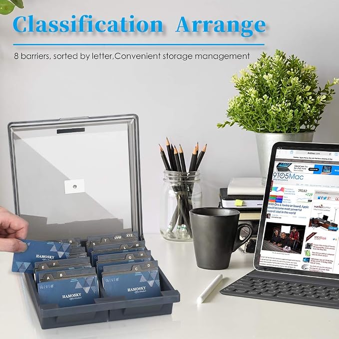 Business Card Storage Box 1000 Cards, 8 Dividers and A-Z Guides - Grey
