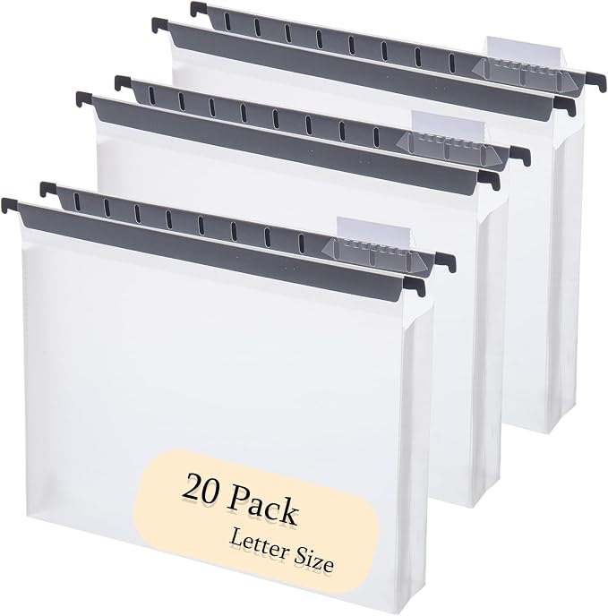 Large Capacity Plastic Hanging Folder, 20 Pack Reinforced Extended Hanging Folder Letter Size, Heavy 2-inch Expansion, Office Hanging Folder Organizer, White Transparent