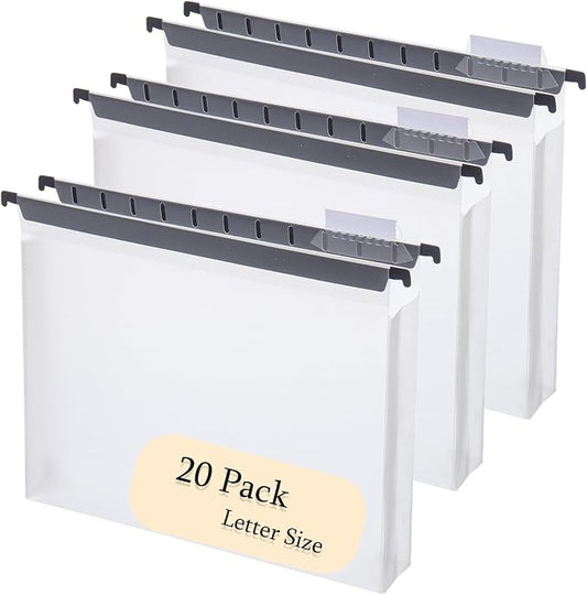 Large Capacity Plastic Hanging Folder, 20 Pack Reinforced Extended Hanging Folder Letter Size, Heavy 2-inch Expansion, Office Hanging Folder Organizer, White Transparent