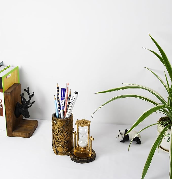 Owlgift Love-Themed Pencil Holder with Hourglass, Resin Desktop Organizer for Office & Study, Pen Holder with Sand Timer, Classic Love Addition Scissors Storage, Artistic Accessory Gift for Lovers