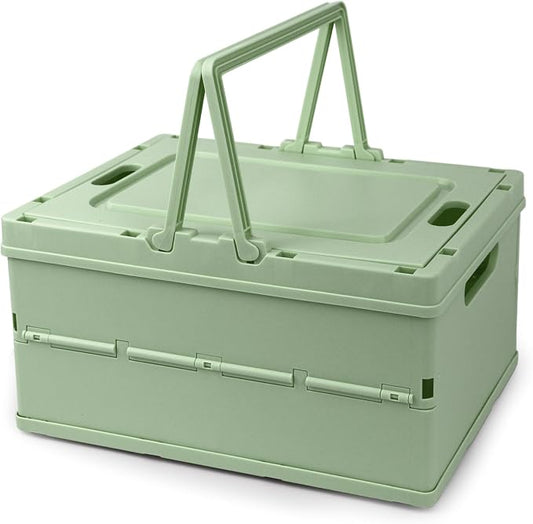 Collapsible Storage Crate, Foldable Plastic Basket with Lid and Handle, Foldable Storage Box Crate Bin for Home Kitchen Office Bathroom Bedroom Pantry (Green)