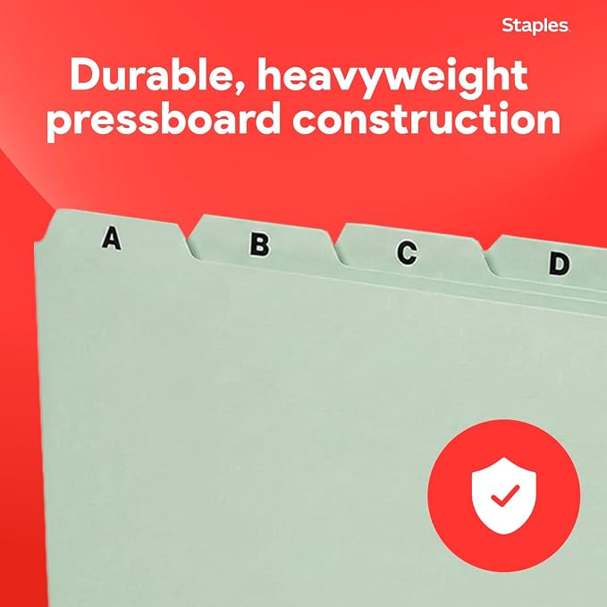 Staples A–Z Index File Guides, Letter Size, Light Green, Durable Alphabetical Filing Tabs for Drawers, Cabinets & Office Organization – 25/Set