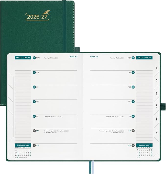 BEZEND Weekly Planner 2026-2027 (6" x 8.5") 2-Column Dual Schedule for Work/School/Home or 2 Person (Jul 26-Dec 27) 18 Months Academic Calendar with Tabs, PU Leather Hardcover -Evergreen