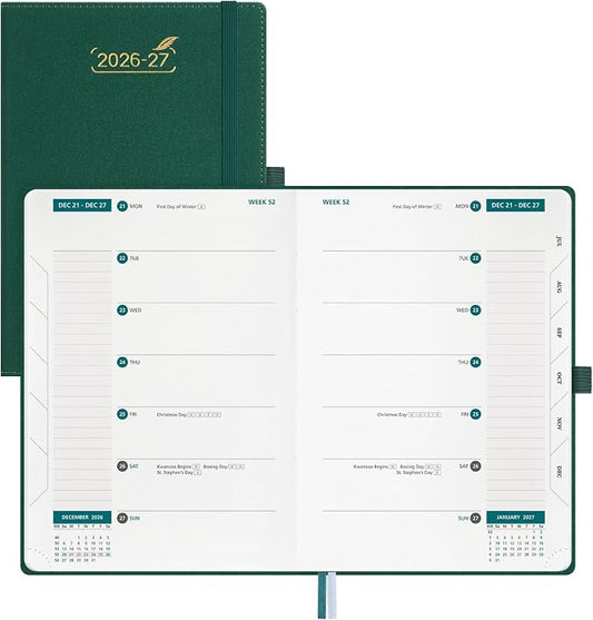 BEZEND Weekly Planner 2026-2027 (6" x 8.5") 2-Column Dual Schedule for Work/School/Home or 2 Person (Jul 26-Dec 27) 18 Months Academic Calendar with Tabs, PU Leather Hardcover -Evergreen