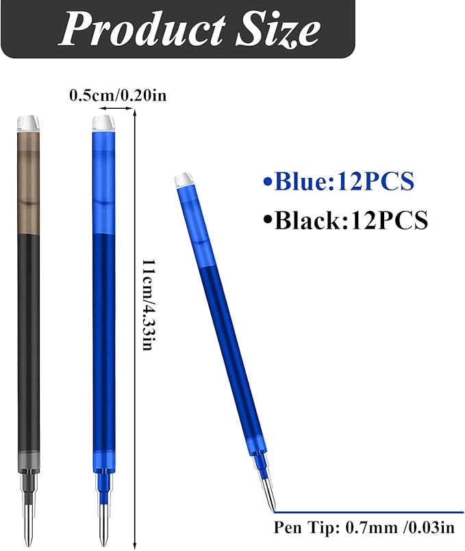 0.7 mm Erasable Gel Ink Pen Refills Compatible with Frixion Friction, Smooth Writing Multicolor Retractable Fine Point Pen Refill for School Office Home Art (Blue & Black, 24)