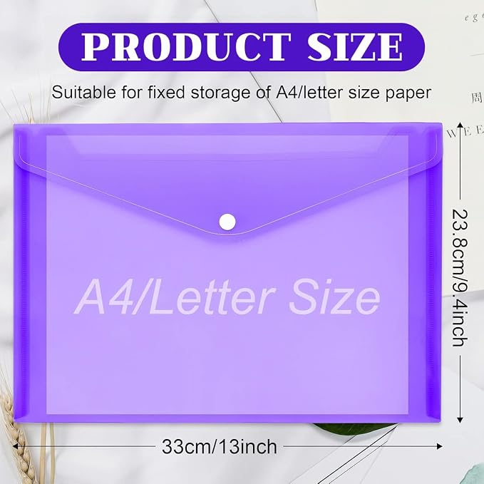 50pcs Plastic Envelopes,Clear Poly Envelopes,Document Folders with Snap Button Closure,Document Folders Letter A4 Size File Envelopes for School Home Work Office Organization(8 Assorted Color)