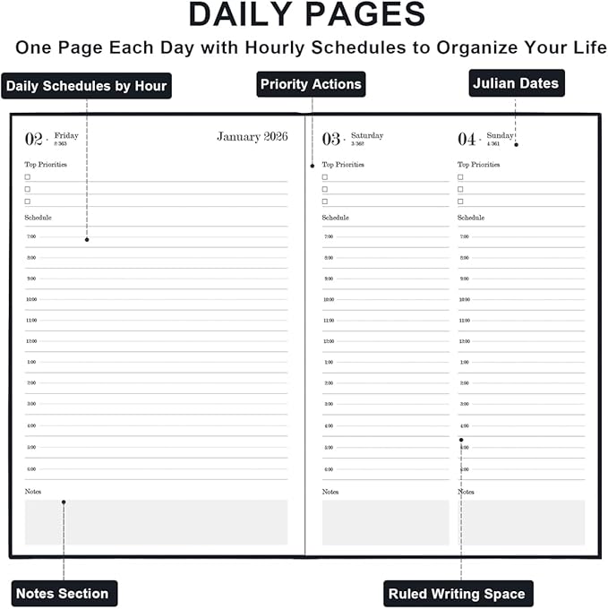 2026 Daily & Monthly Planner - 2026 Daily Planner One Page Per Day from January 2026 to December 2026, 5.8" x 8.3" Hourly Appointment Book Perfect Organizer Daily Life, Fabric Cover, Black