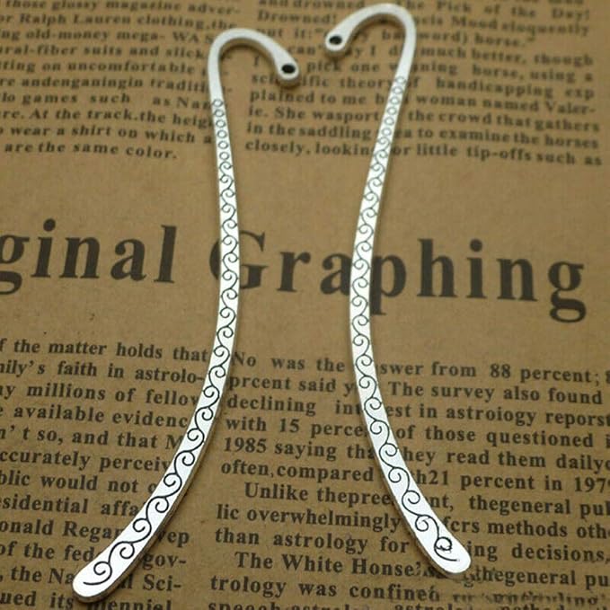 20 Pack Metal Bookmark Hairpin Hook, Antique Vintage Carved Embossed Bookmarks with Loop, DIY Jewelry Making Charms for Beading & Tassels, Silver