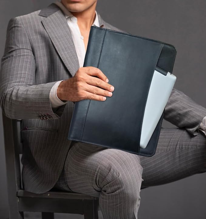 Leather Portfolio for Men - Full Grain Leather Padfolio Folder - Zipper Folio Documents Organizer - Professional Business Executive Gift for Men Women