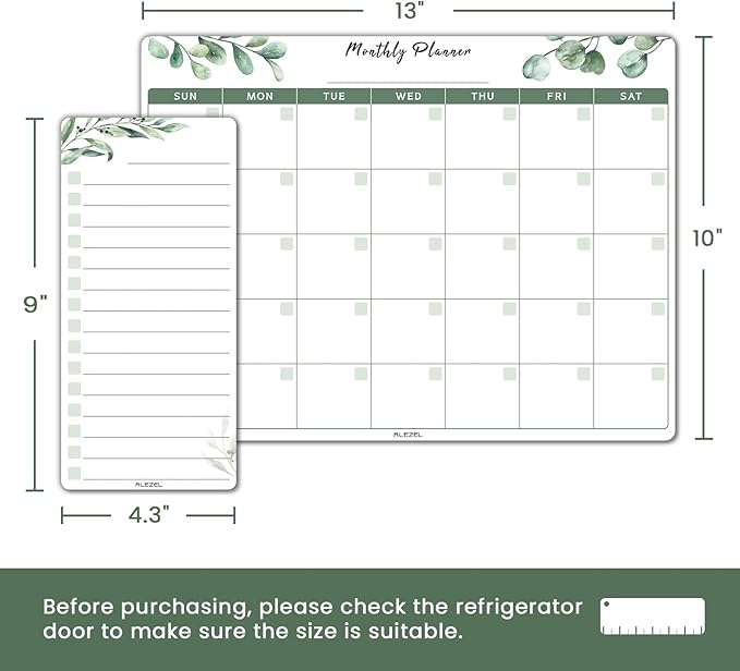 ALEZEL Magnetic Calendar Whiteboard for Refrigerator, Dry Erase Fridge Calendar Set - Greenery Magnetic Monthly & Weekly Calendar with List White Board, 4 Markers + Eraser