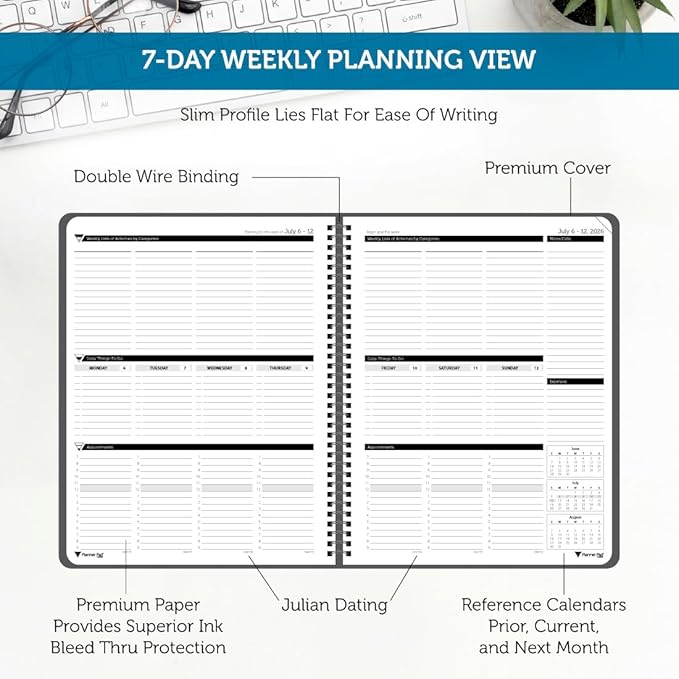 Planner Pad Spiral Bound 3-Tier Funnel Down 12 Month Medium Size Organizer, July 2026 – June 2027 / Academic Year, Black Cover/Black Ink, 6 3/4" x 8 1/2"