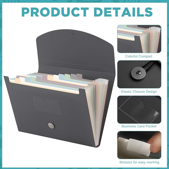 Cholemy Expanding File Folder 13 Pockets File Organizer with Labels A4 Letter Size Receipt Document Organizer Plastic Expandable Filing Folders for Office, Home(Gray)
