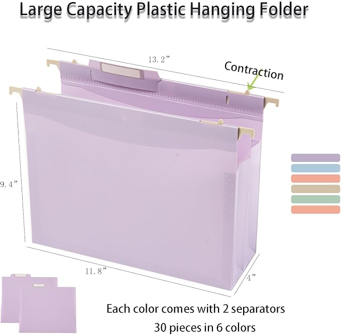 30 piece Large Capacity Hanging Folder, Letter Size, 4-inch Expansion Bag, with 1/5 Adjustable Label, polyethylene Hanging Clip 9.5x11 inch, Suitable for Office, Home, School