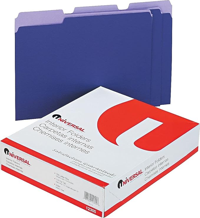 Universal 12305 Recycled Interior File Folders, 1/3 Cut Top Tab, Letter, Violet, 100/Box