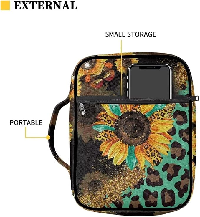 Coldinair Leopard Print Bible Covers for Women Sunflower Carrying Book Bible Case Church Bag Bible Protective with Handle & Zippered Pocket
