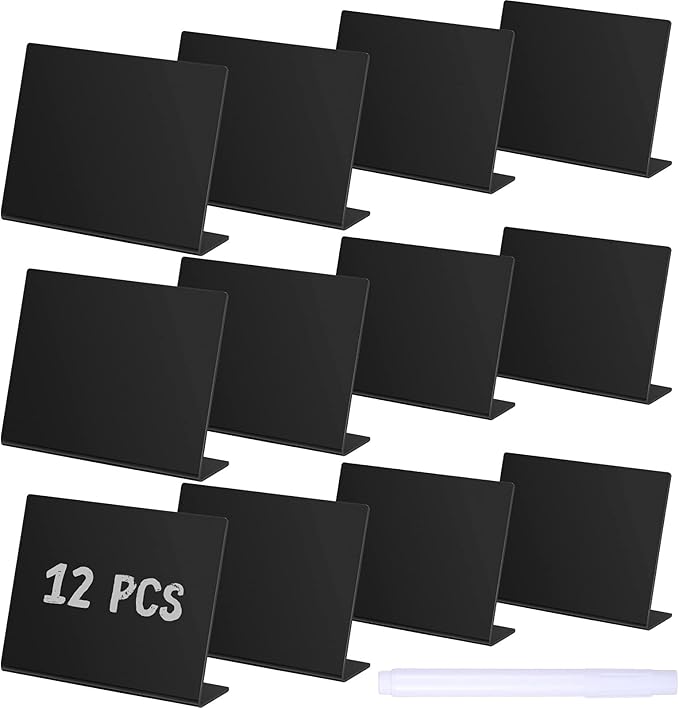 Outus 12 Pcs 4 x 3 Inches Buffet Food Labels Mini Small Chalkboard Signs Black Acrylic Food Markers Little Price Signs with 2 Pcs Erasable Marker for Wedding Birthday Bakery Table Display