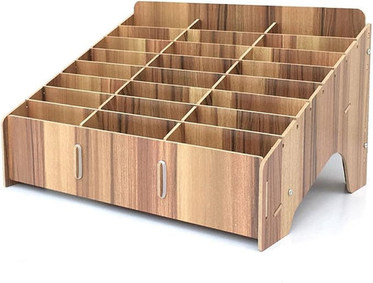 XICHENGSHIDAI 24 Slots Cell Phone Holder for Classroom, Wood-Look Phone Storage Box and Calculator Organizer for Teachers, School, Office and Meeting Room, Caddy and Ink Pad Organizer, Brown