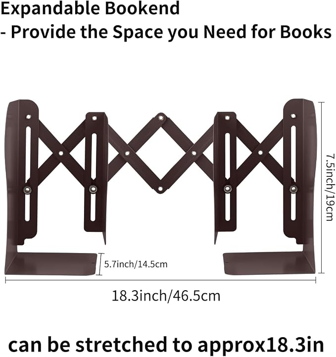 MSDADA Adjustable Bookends, Book Ends for Heavy Books, Expandable Book Organizer for Desk, Shelf, Office, School, for 6 7 8 9 10 11-15 Boys and Girls, Extends up to 19 inches (Brown)