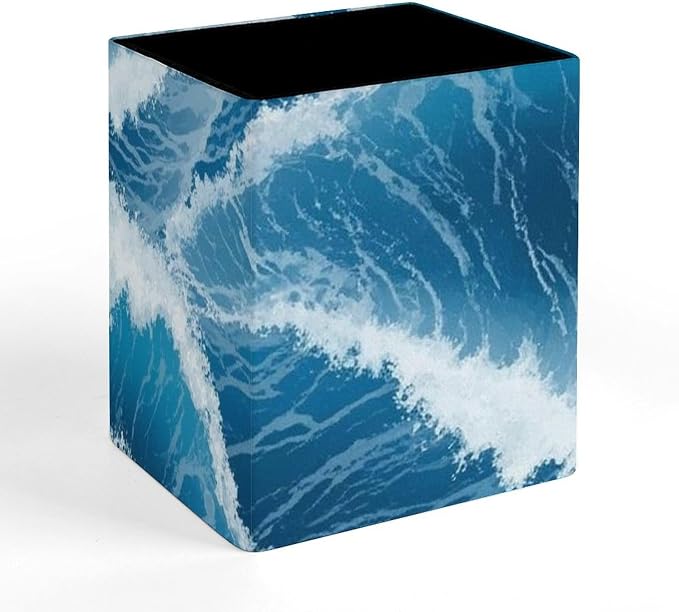 Pen Holder Square Leather Pencil, Holder Cup Makeup Brush Storage Organizer, Waterproof Multifunctional Office Supplies Blue Ocean Sea Wave