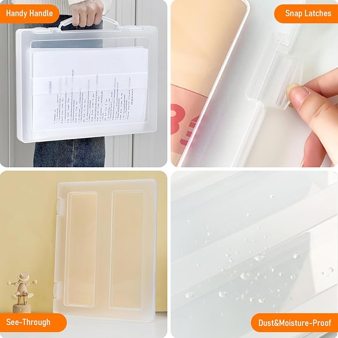 Marte Vanci Clear A4 Paper Storage Box with Lids Portable Plastic File Box with Handle Project Case Bin Letter Document Organizer Storage Container for Photo Scrapbook Craft Art Supplies