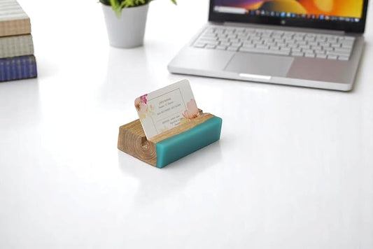 Business Card Holder – Wooden & Epoxy Desk Organizer, Stylish Card Display Stand for Office, Slim Business Card Holder for Men & Women, Modern Desk Accessories