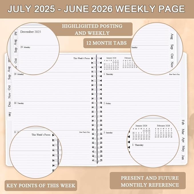2025-2026 Planner - Planner 2025-2026 from July 2025 - June 2026, Monthly and Weekly Calender with 12 Tabs, 8.5" x 11", Brown