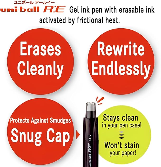 Mitsubishi Pencil Erasable Gel Ink Ballpoint Pen, uni-ball R:E 0.5mm, Off Black, Set of 10