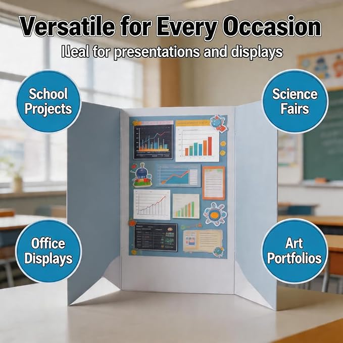 Tri-Fold Presentation Boards 48 x 36 Inches White Corrugated Display Boards 3 Pack Single Wall for School Projects Science Fairs Office Presentations