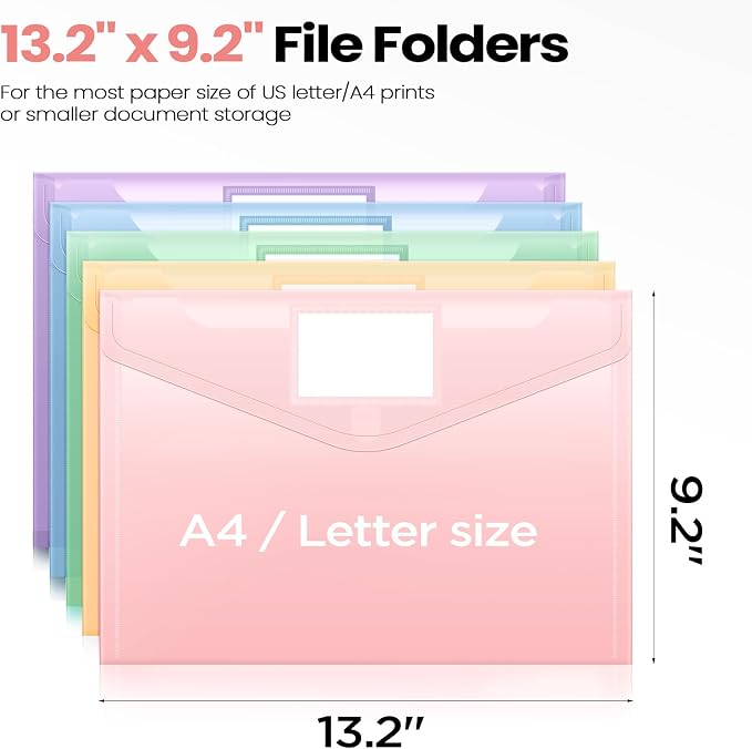 Sooez 5 Packs Plastic Envelopes Plastic File Folders, Clear Document Organizer Folder US Letter A4 Size Folders for Documents with Label Pocket for School Office Work Home Organization, Fresh Colors