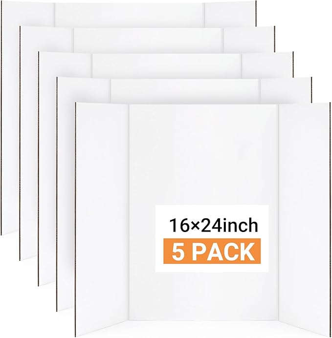 Small Trifold Poster Board, 5 Pack 24" x 16" White Corrugated Project Boards - Science Fair Display posterboard for School Projects, Science Fairs, Event Displays, and Business Presentations