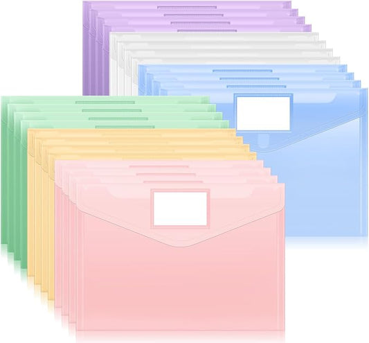 Sooez 24 Packs Plastic Envelopes Plastic File Folders, Clear Document Organizer Folder US Letter A4 Size Folders for Documents with Label Pocket for School Office Work Home Organization, Fresh Colors
